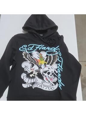 Ed Hardy Men's Black Pullover Hoodie L Skull Tattoo Graphic.   0147